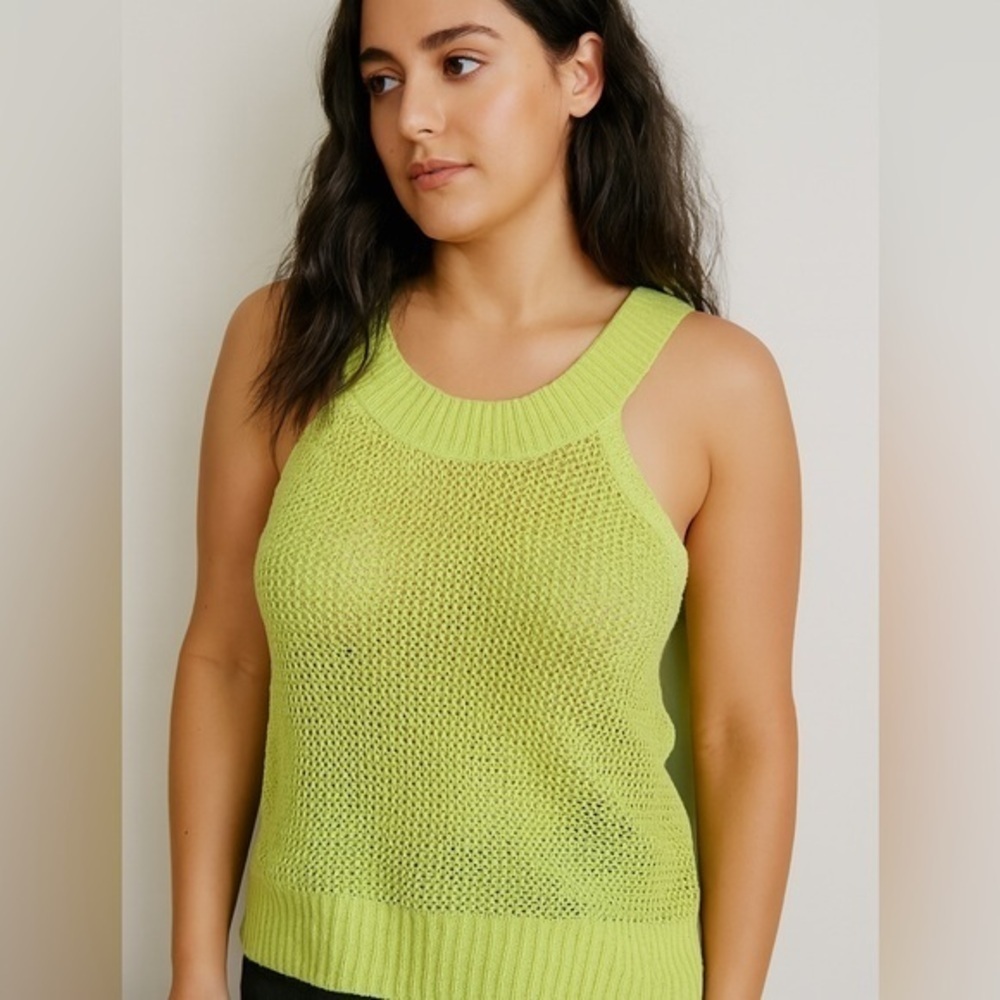 MAG by Magaschoni Lime Green Open Knit Tank Top Linen Blend Size M